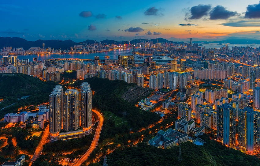Китай, сграда, Хонконг, панорама, Китай, нощен град HD тапет