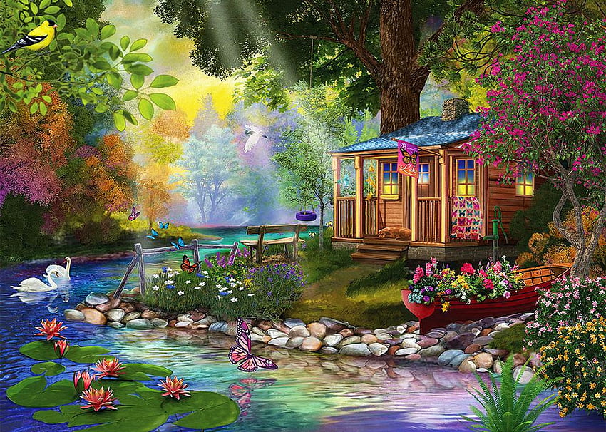 Butterfly Lake, swans, painting, sunrays, trees, flowers, cabin HD wallpaper