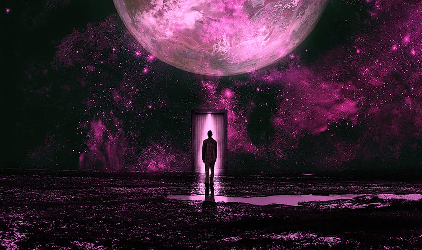 Silhouette, planet, door, lilac theme, art HD wallpaper