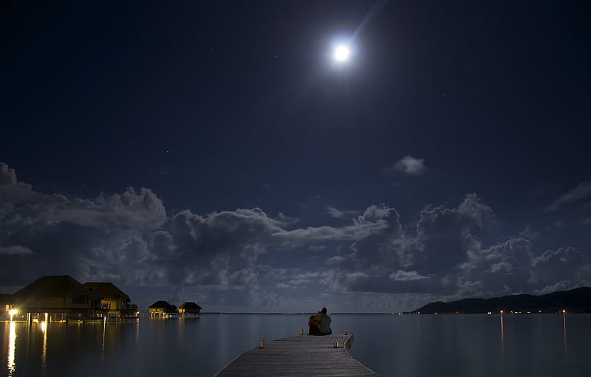 noc, księżyc, ocean, dwa, romans, nastrój, miłość / i mobilne tło, nocny nastrój Tapeta HD