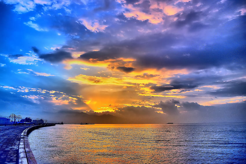 paisaje, naturaleza, puesta de sol, mar, orilla, banco fondo de pantalla