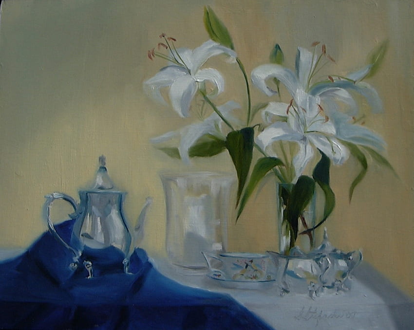 White Lilies, blue, table, creamer, white, fabric, sugar, silverware, cup, spring, tea pot, jar, candle, glass, flowers, lilies, saucer HD wallpaper
