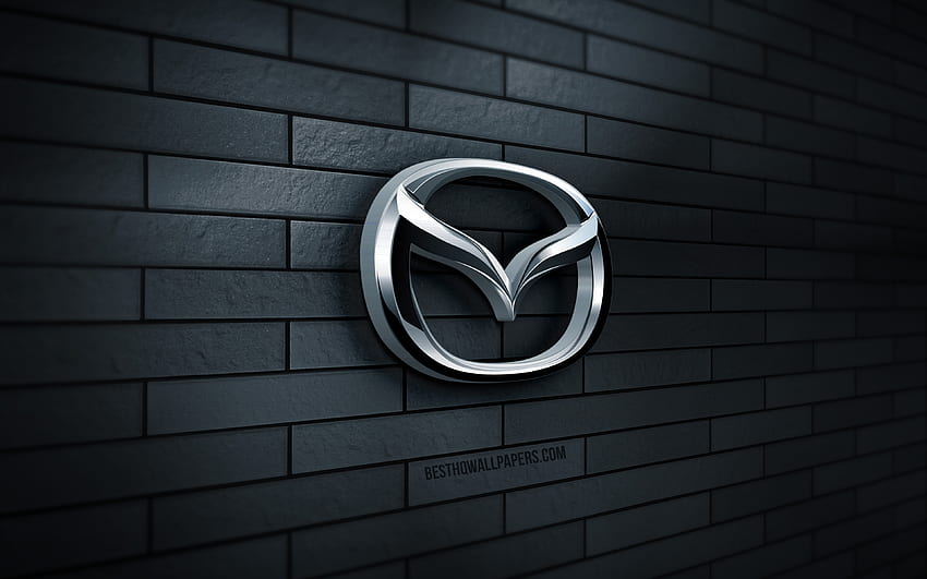 Logo Mazda 3D, , brickwall abu-abu, kreatif, merek mobil, logo Mazda, seni 3D, Mazda Wallpaper HD