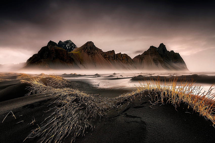 Black sand Iceland stokksnes sea ocean island beach grass HD wallpaper