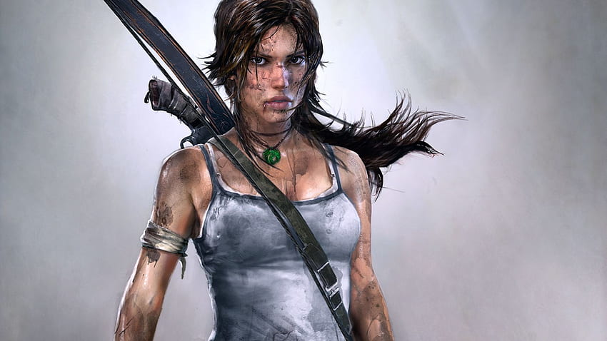 Lara Croft, grauer Hintergrund, Spiele, Tomb Raider, Waffen, Computergrafik, einfarbiger Hintergrund, Videospiele, realistisch, weiblich HD-Hintergrundbild