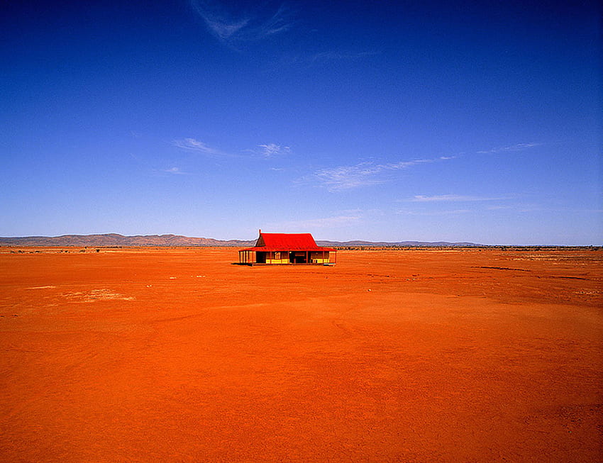 Hut in the Outback, blue, australia, sand, isolated, house, soil, lone, red, solitary, desert, sky HD wallpaper