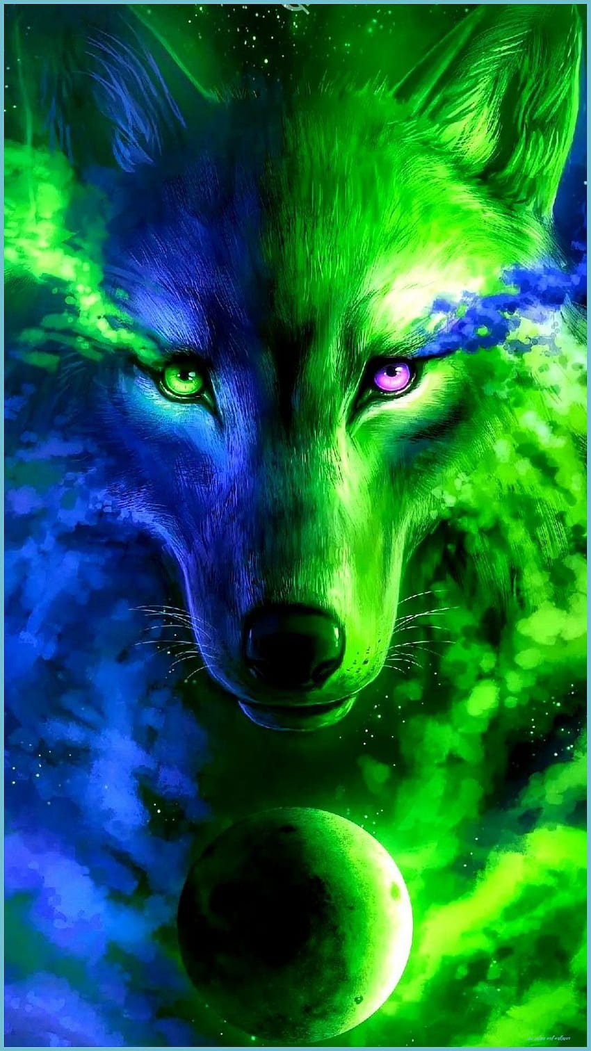 Lobo azul y verde Lobo, Arte de criaturas míticas - Epic Galaxy Wolf, Beautiful Mythical fondo de pantalla del teléfono