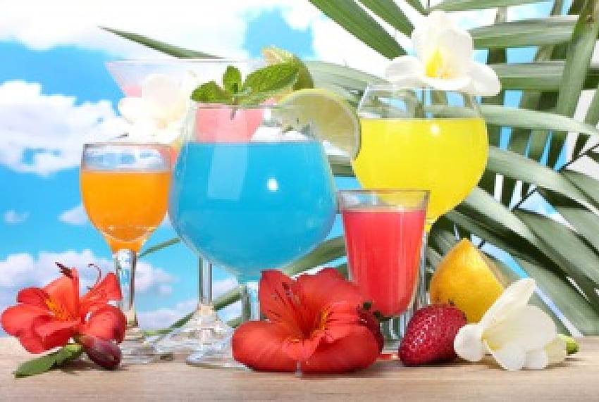 Cócteles tropicales, cóctel, tropical, fruta, flores, fresco, bebida fondo de pantalla
