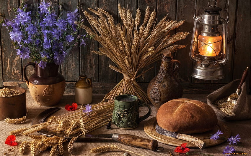 Still Life, grain, flowers, bread HD wallpaper