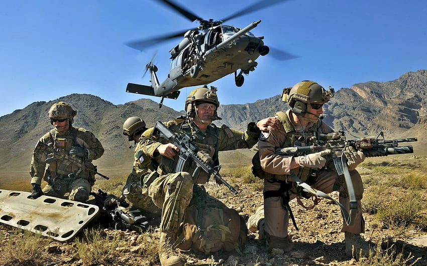 In Mission, soldiers, mission, helicopters, weapons HD wallpaper
