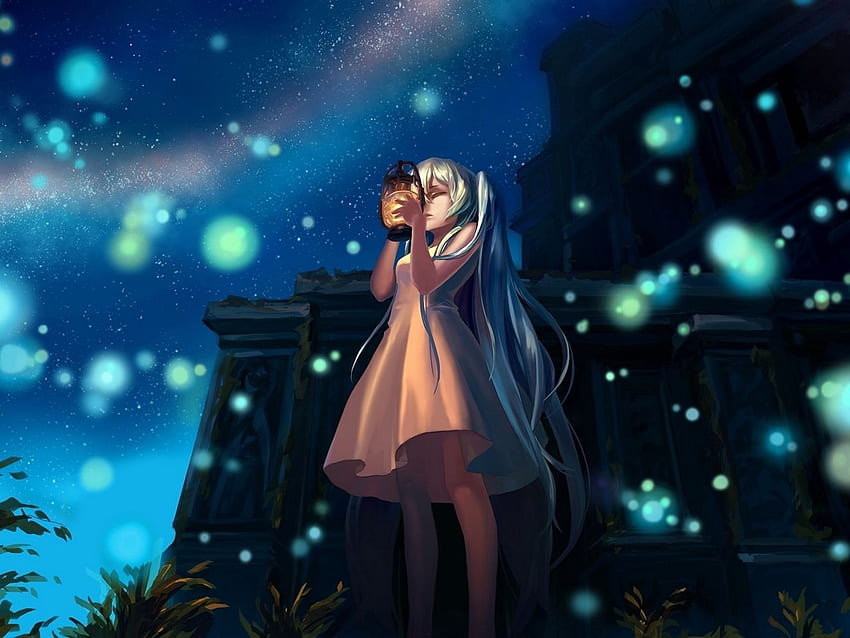 anime, menina, brilho, luzes, noite, lâmpada padrão 4:3 fundo, Anime Girl Alone Light papel de parede HD