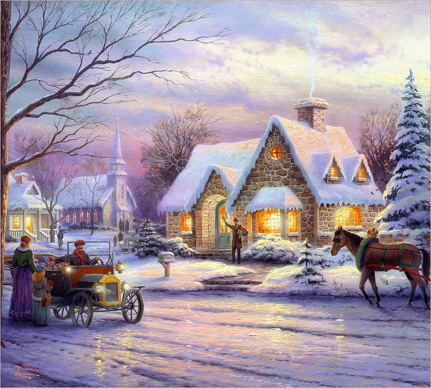 Winter: Thomas Kinkade Memories Christmas Town Tree Street Car Snow ...