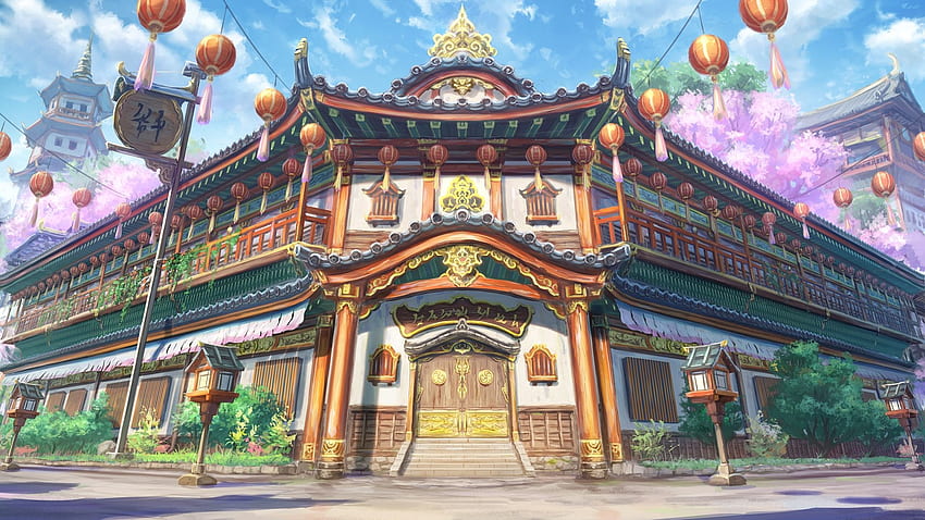 Anime Building, Traditional, Front View, Clouds HD wallpaper