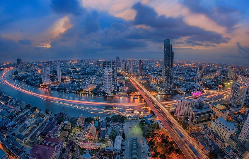 night, the city, lights, Bangkok Skyline HD wallpaper