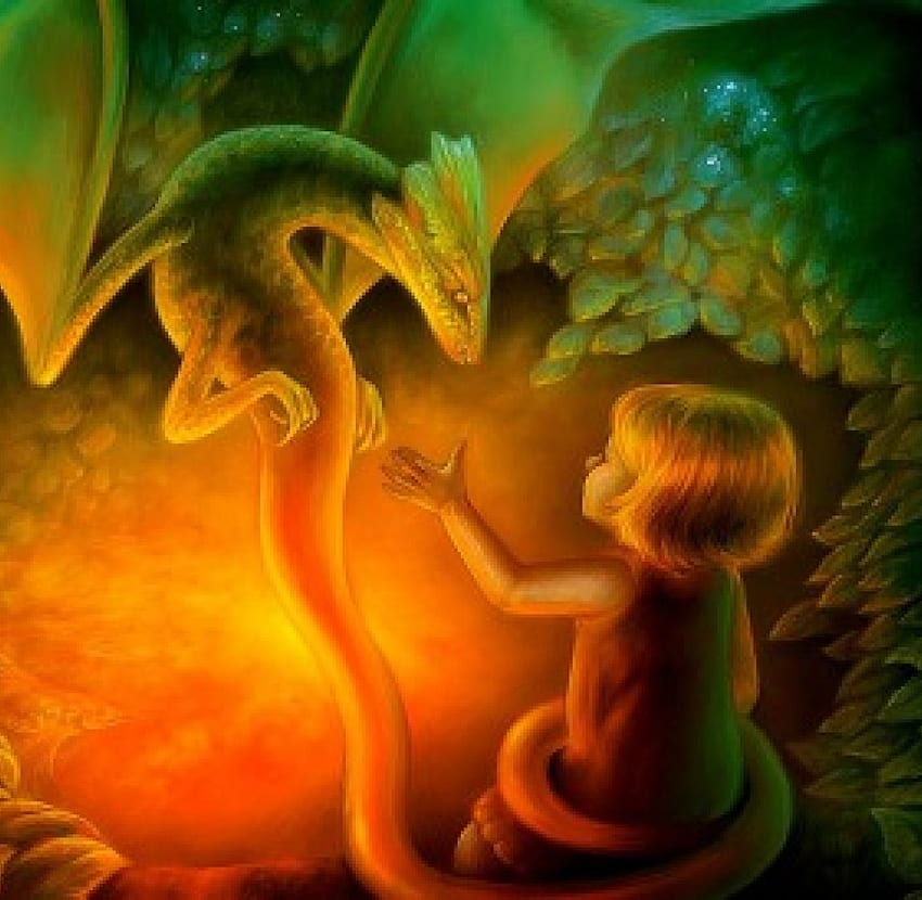 Child of the Dragon, dragons, magic, fire, child, dark HD wallpaper