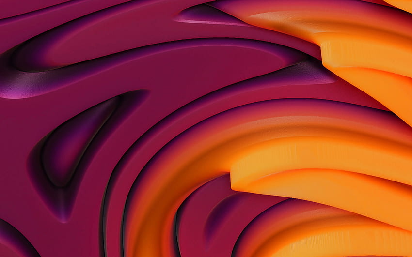 fioletowe i pomarańczowe fale 3D, kreatywne, abstrakcyjne kształty, geometryczne kształty, abstrakcyjne fale 3D, sztuka 3D, tło z falami Tapeta HD