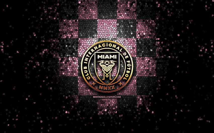 Inter Miami FC, logo gemerlap, MLS, latar belakang kotak-kotak merah muda abu-abu, AS, tim sepak bola Amerika, Inter Miami, Major League Soccer, logo Inter Miami, seni mosaik, sepak bola, sepak bola, Amerika untuk dengan, Inter Miami CF Wallpaper HD