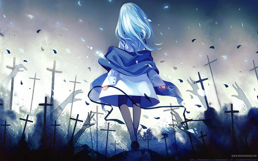 cruz, vestido, cabello azul, estrella de David, chicas anime, original, personaje de anime azul fondo de pantalla