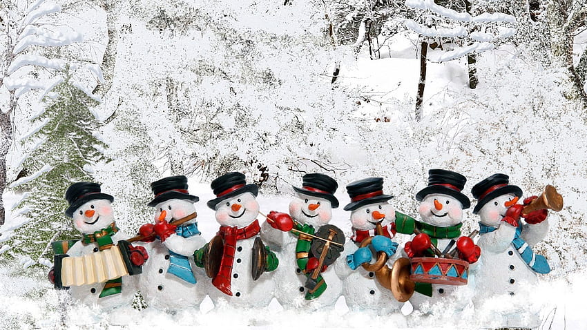 Cute Whimsical Snowman Snowmen Snow Winter Christmas Music Band Trees ...