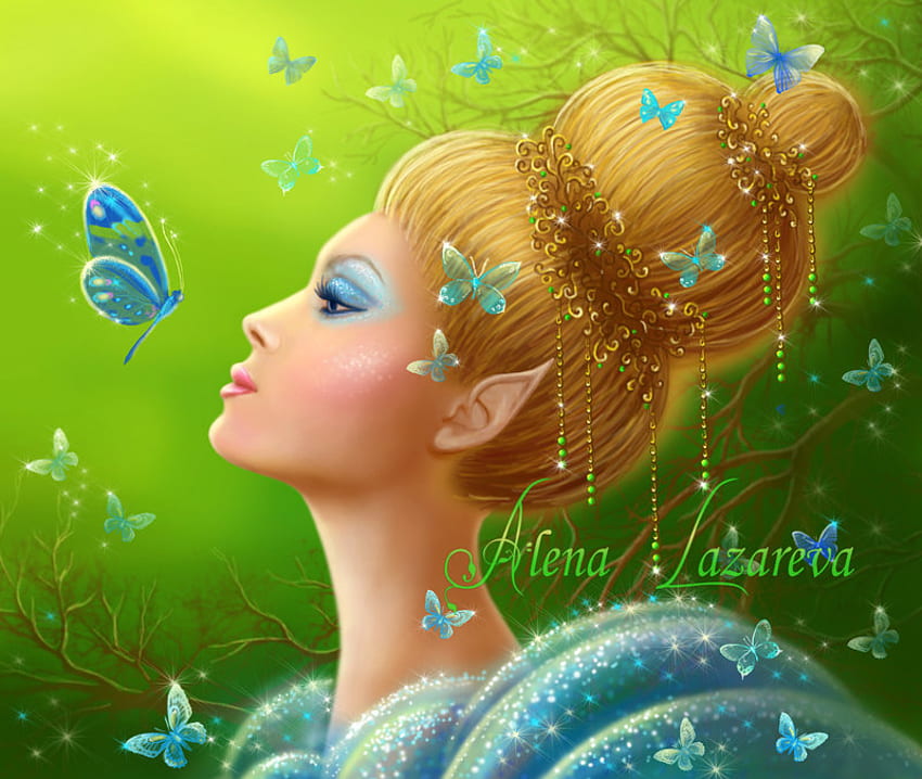 magic butterflies, blue, fairy, butterflies, colorful, gren, fantasy, elf, female HD wallpaper