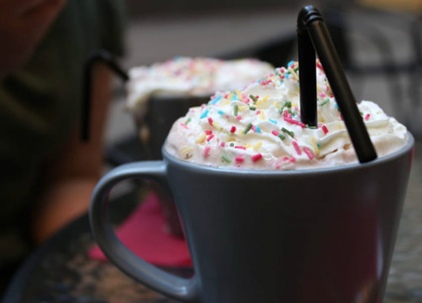 Hot chocolate, straw, sprinkles, black, cup, orange, pink, gray, green, yellow HD wallpaper