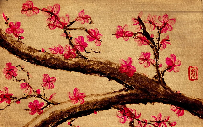 Arte giapponese, giapponese, arte, giappone, sakura, fiori di ciliegio, primavera Sfondo HD