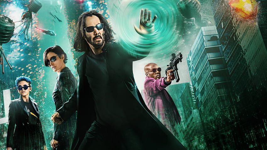 Carrie-Anne Moss Keanu Reeves Morpheus Neo Trinity Yahya Abdul-Mateen II The Matrix Resurrections HD wallpaper
