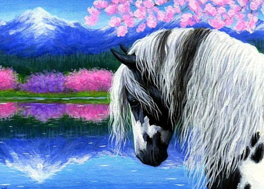 Brave Horse, artwork, reflection, painting, volcano, flowers, head, lake HD wallpaper
