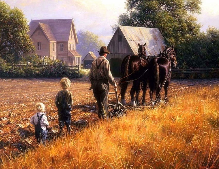Affari in famiglia, bambini, bambini, dipinti, amore quattro stagioni, cavalli, famiglia, carina, campi, adorabile Sfondo HD