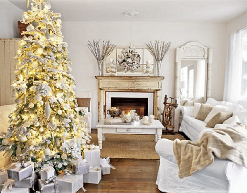 White Wonderland, white, Christmas tree, living room, fireplace, interior HD wallpaper