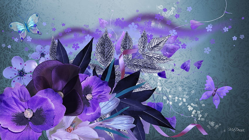 Touche de minuit, bleu, design, dispersion, ruban, papillon, sombre, collage, violet, papillons, feuilles, fleurs, fleurs Fond d'écran HD