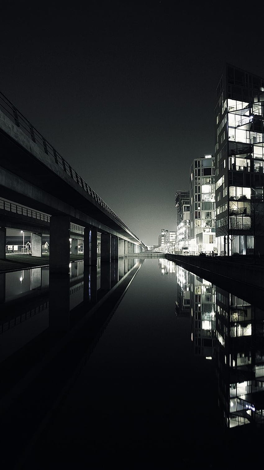 호수 풍경 iPhone 8 옆의 어두운 도시 전망, 어두운 풍경 HD 전화 배경 화면