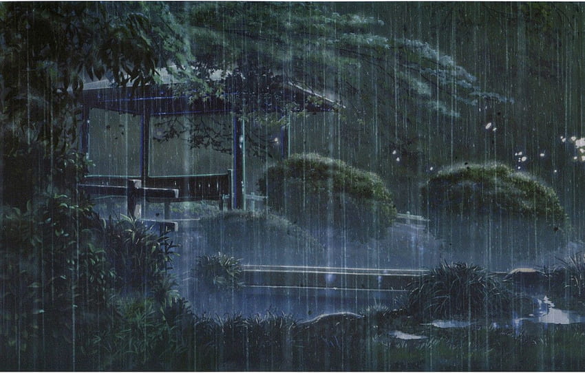 banco, parque, chuva, a noite, gazebo, o chuveiro, kotonoha no niwa, makoto shinkai, jardim de belas palavras para, seção сёнэн papel de parede HD