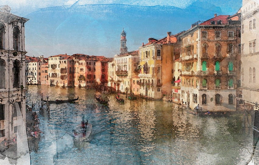 水、絵の具、ボート、ヴェネツィア、絵画、ゴンドラ、水彩画、セクション живопись 高画質の壁紙