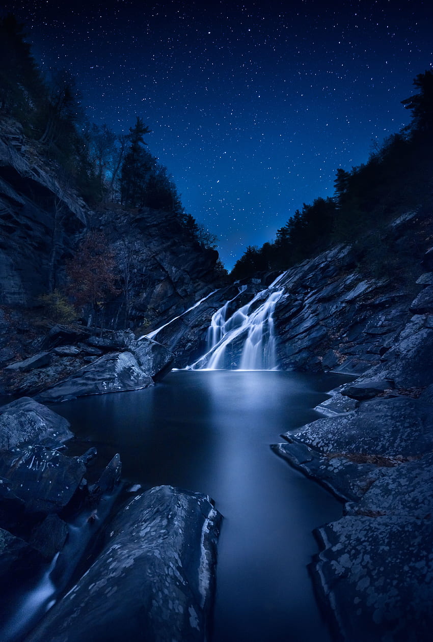 Nature, Stones, Waterfall, Starry Sky HD phone wallpaper