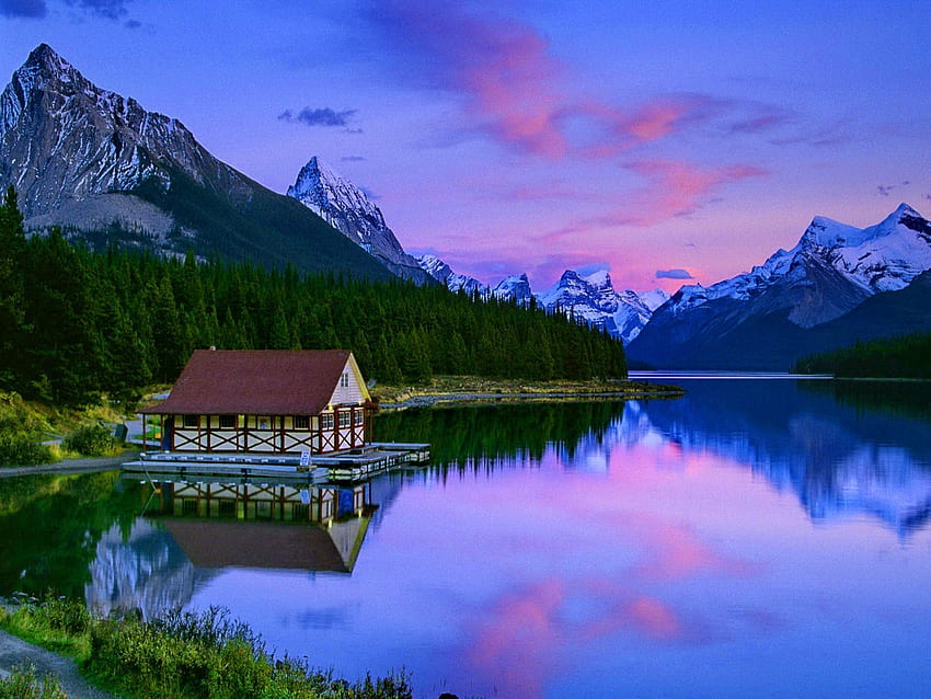 Dusk Lake Colorful Peaceful Canada Slope Park Twilight Mountain Calmness Alberta National Water Summer Nature. National parks, Maligne lake, Most beautiful places, Peaceful Cabin HD wallpaper