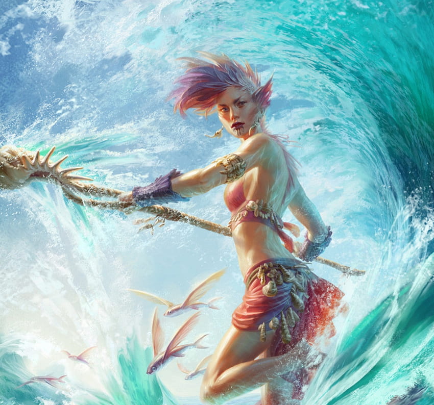 Water nymph, blue, nymph, mermaid, fantasy, anna steinbauer, girl, creature, water HD wallpaper