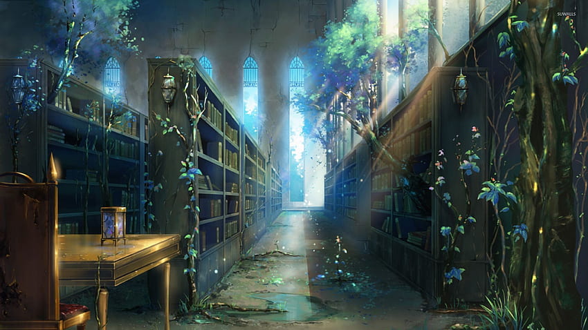 Biblioteka anime. Opuszczona biblioteka, miejska sztuka fantasy, magiczna biblioteka Tapeta HD