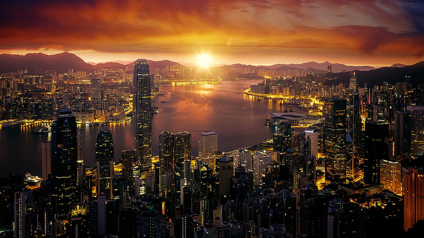 Hong Kong, paisaje urbano, salida del sol, luces de la ciudad, horizonte, mundo, Londres fondo de pantalla