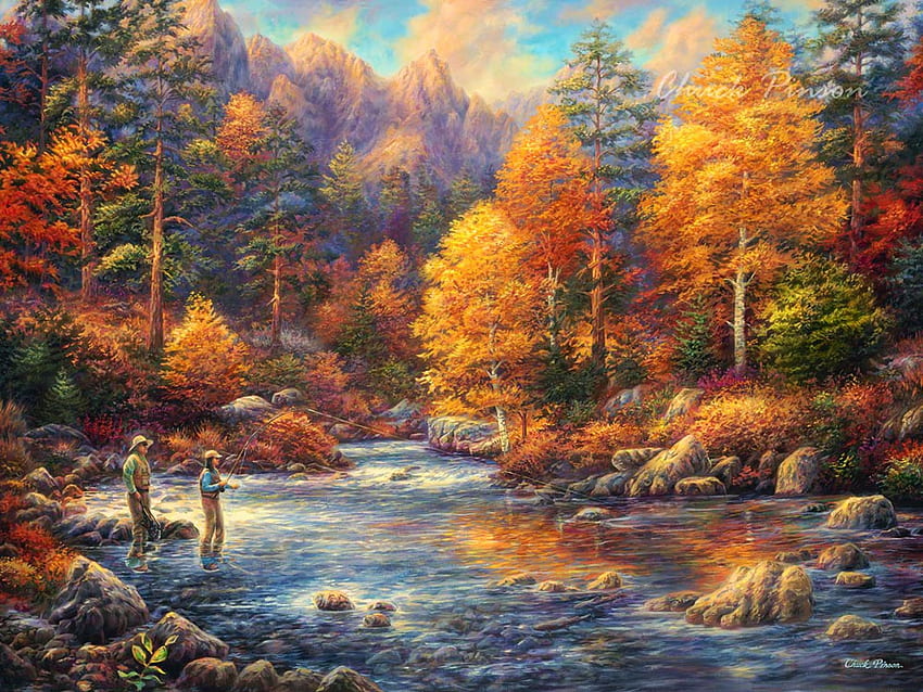Fliegenfischen Vermächtnis, Kunstwerk, Fluss, Malerei, Herbst, Bäume, Wald, Steine HD-Hintergrundbild