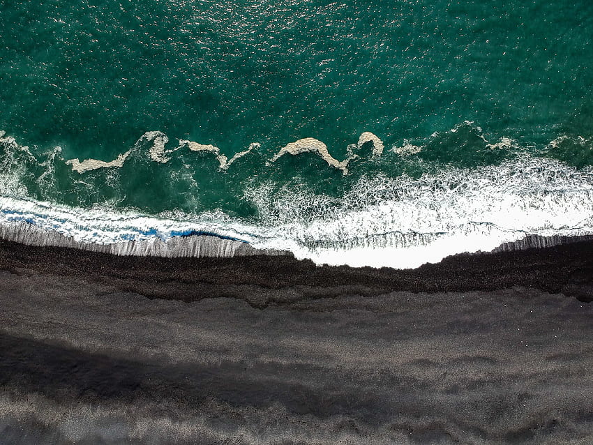 Black beach, sea waves, aerial shot HD wallpaper