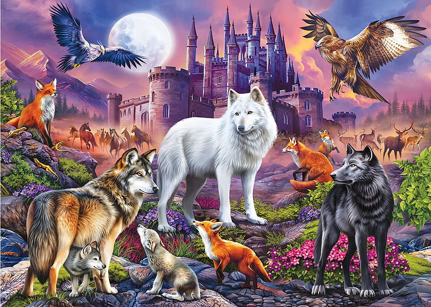 オオカミの城、アートワーク、馬、月、オオカミ、子犬、鹿、キツネ、ワシ、絵画 高画質の壁紙