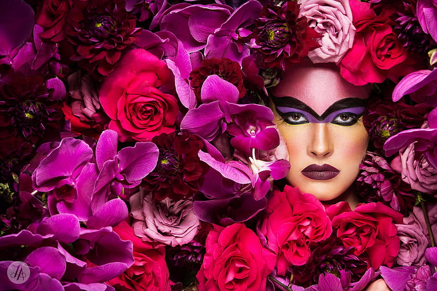 Beauty, model, girl, woman, lindsay adler, rose, pink, flower, red, face HD wallpaper