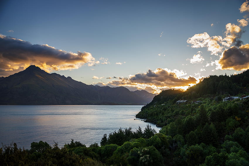 Alam, Pepohonan, Matahari Terbenam, Pegunungan, Danau, Wakatipu, Selandia Baru Wallpaper HD