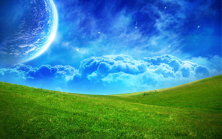 Céu azul, azul, céu, lua, verde papel de parede HD