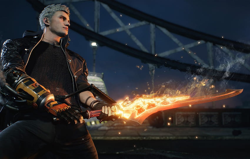 fire, sword, sparks, guy, Devil May Cry - for , section игры, Devil May Cry5 HD wallpaper