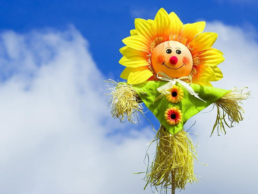 Smile, sweet, blue, white, flower, clouds, cute, sky, sunflower HD wallpaper