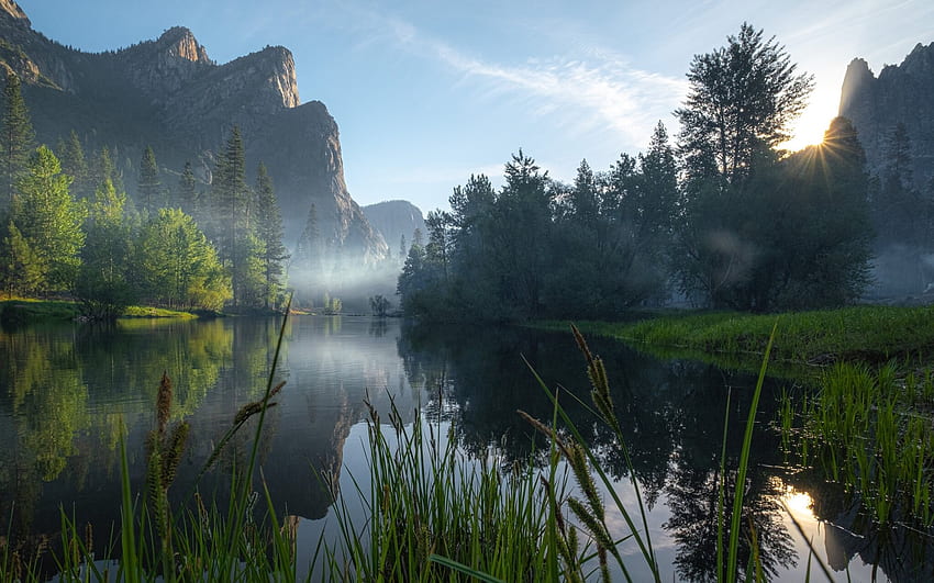 The Three Brothers in Yosemite, national park, America, Yosemite, lake, mountain HD wallpaper