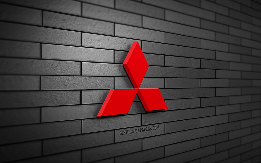 Logo Mitsubishi 3D, szary mur z cegły, kreatywne, marki samochodów, logo Mitsubishi, sztuka 3D, Mitsubishi Tapeta HD