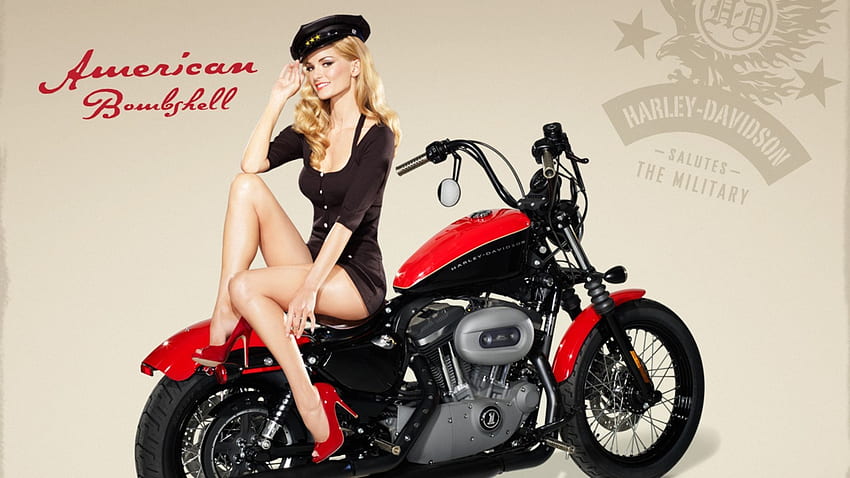Harley and Marisa, marisa miller, harley davidson, motorbike, american bombshell, model, motorcycle HD wallpaper